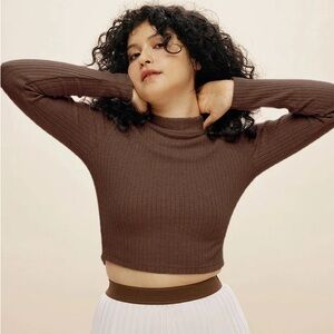 Cashmere-Like Thermal Mock Neck Crop Top - Chestnut